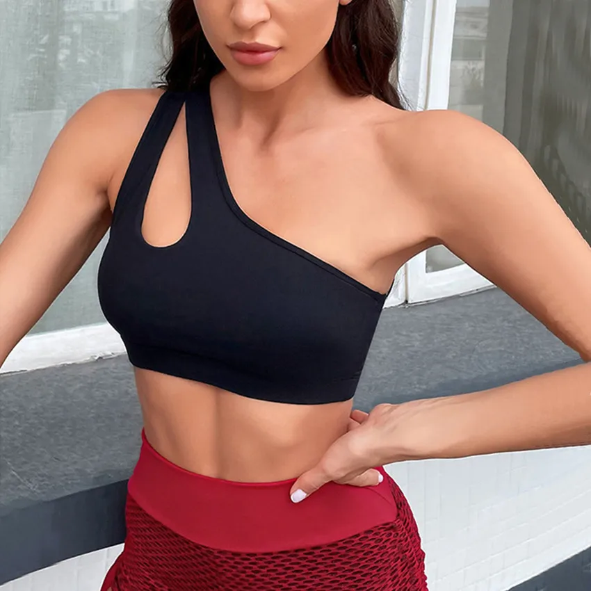 QK 2024 One Shoulder Women Mesh Patchwork Sports Bra Tops Bodycon Gym Sports Clothing Bustier Crop Bralette Blouses