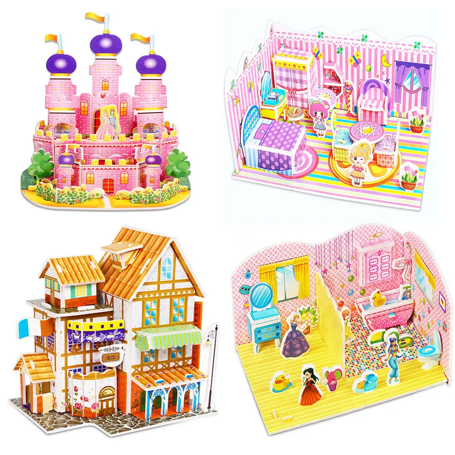 Kids 3D Puzzle Cartoon House Castle  Paper Building Model Architecture Handmade DIY Dollhouse Furniture Kit Educational Toys