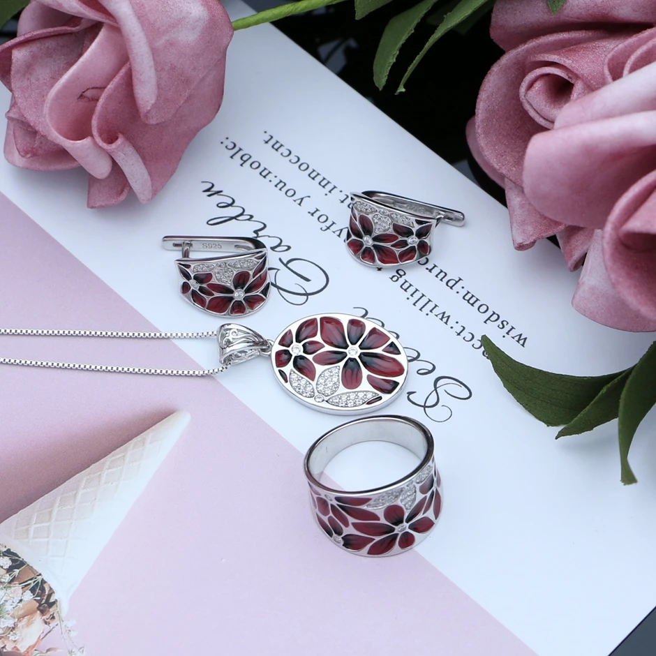 LMFALECA Silver 925 Jewelry Sets for Women Red Plum Blossom Flower Necklace Earrings Ring Set Handmade Enamel Luxury Jewelry