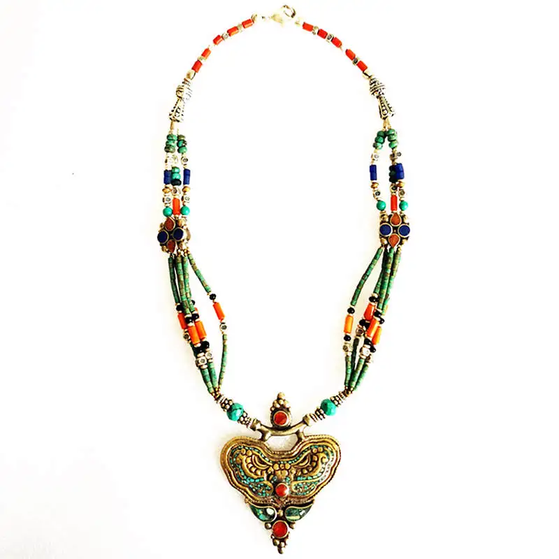 

Handmade Vintage Necklace Tibetan Ethnic Fashion Jewelry Brass inlaid Colorful Stone With Big Pendant TNL198