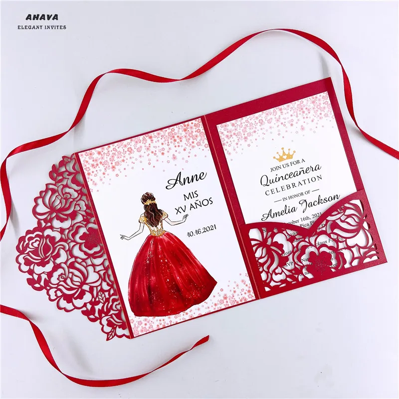 

50pcs Quinceanera Red Color Laser Cut Floral Invitation Cards for Wedding / Party / Anniversary / Birthday free shipping