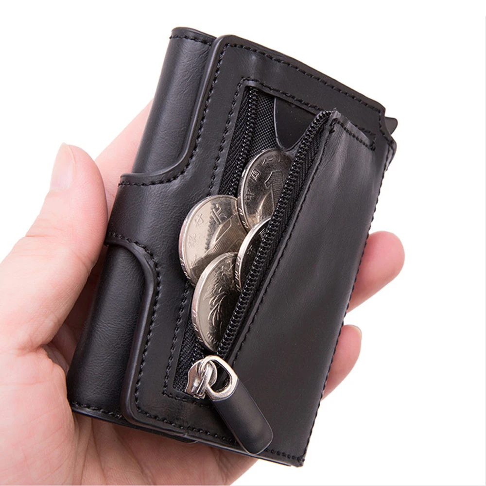 Men RFID Button Credit Card Holder High Quality Metal Aluminum Auto Pop-up RFID ID Card Case Black Wallet Coin Purse