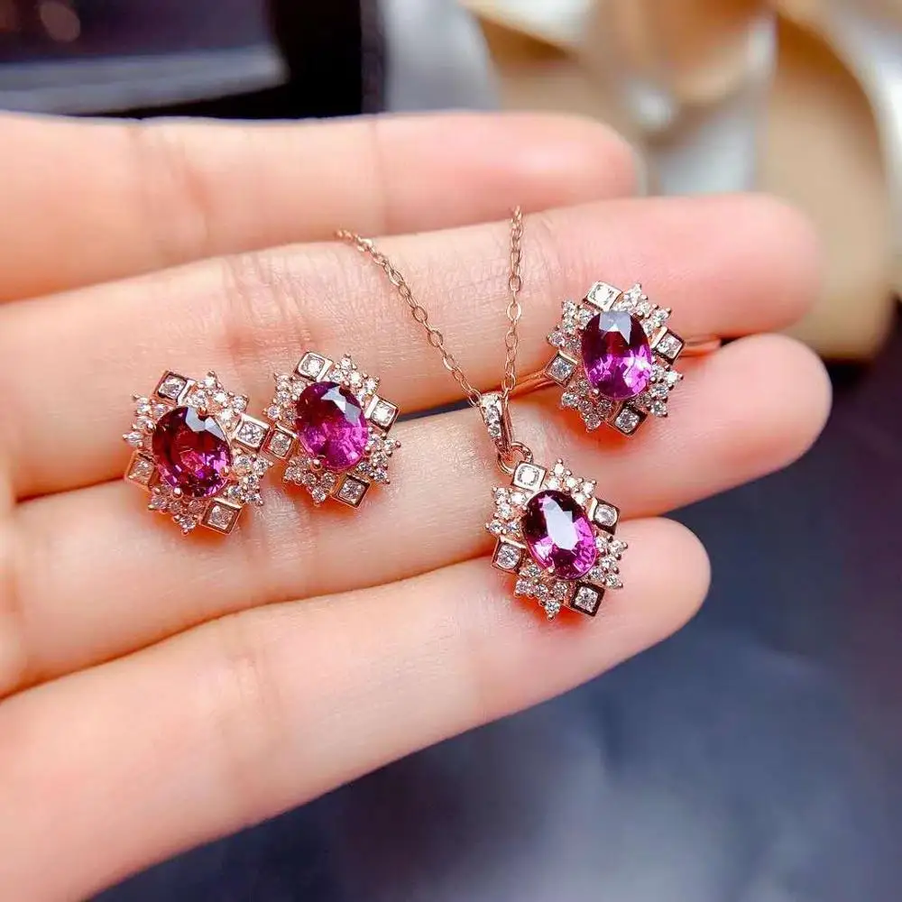 

FS Natural Garnet Ring Earring Pendant Necklace Set S925 Sterling Silver With Certificate Fine Fashion Jewelry for Women MeiBaPJ