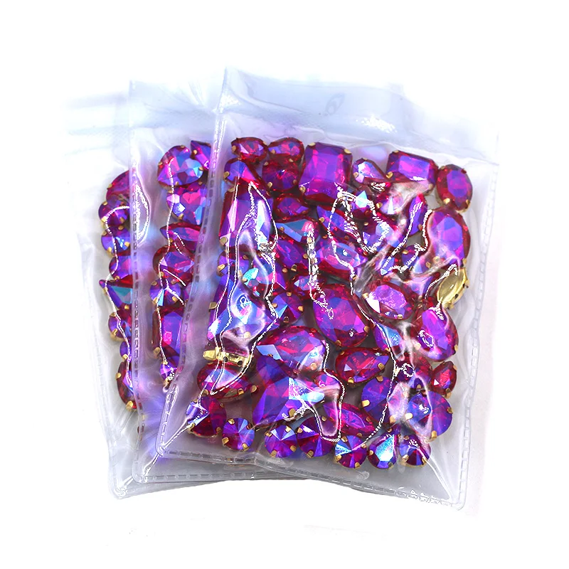 New arrival Wholesale 5 bags mixed shape sew on glass crystal Red AB  rhinestones gold base for clothing/dress