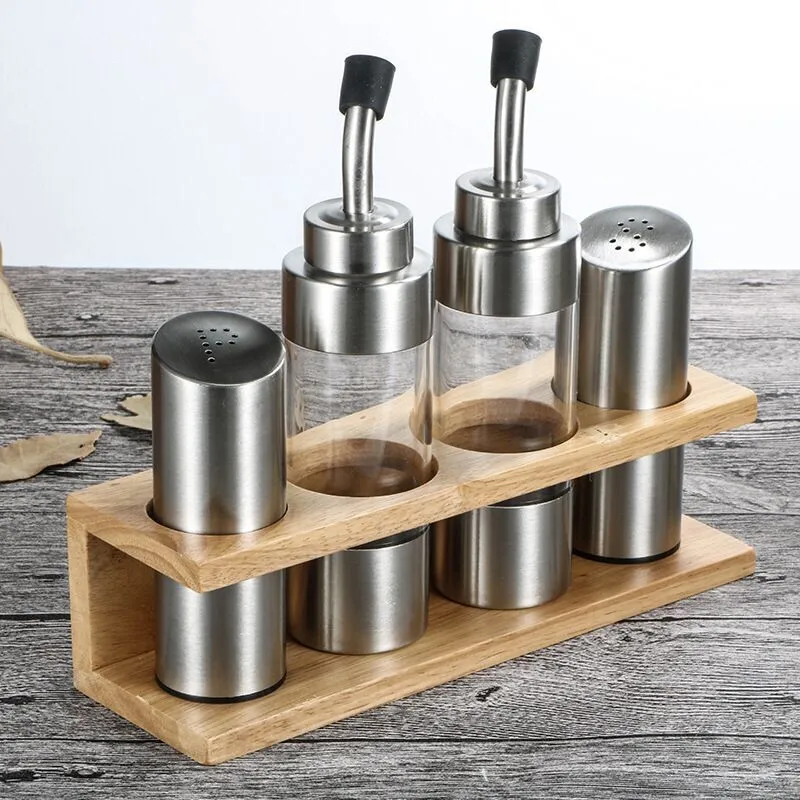 Stainless Steel Salt and Pepper Shaker Set, Spice Jar, Condiment Box, Cooking Seasoning Bottle, Wood Holder, 5 PCs per Set