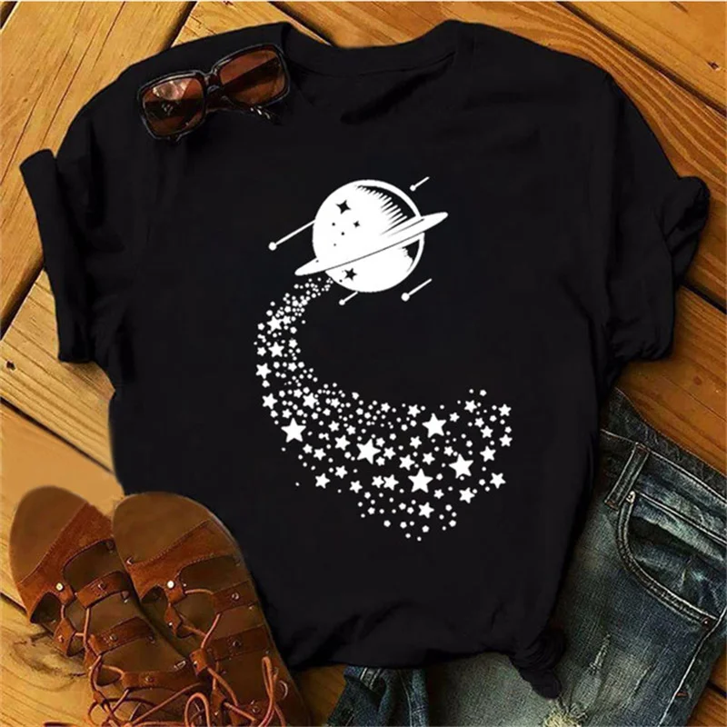 Maycaur Woman Star Moon Print Harajuku Summer Tshirts Casual Round Neck Short Slee Top Tee Shirt Women Black T-shirt Drop Ship
