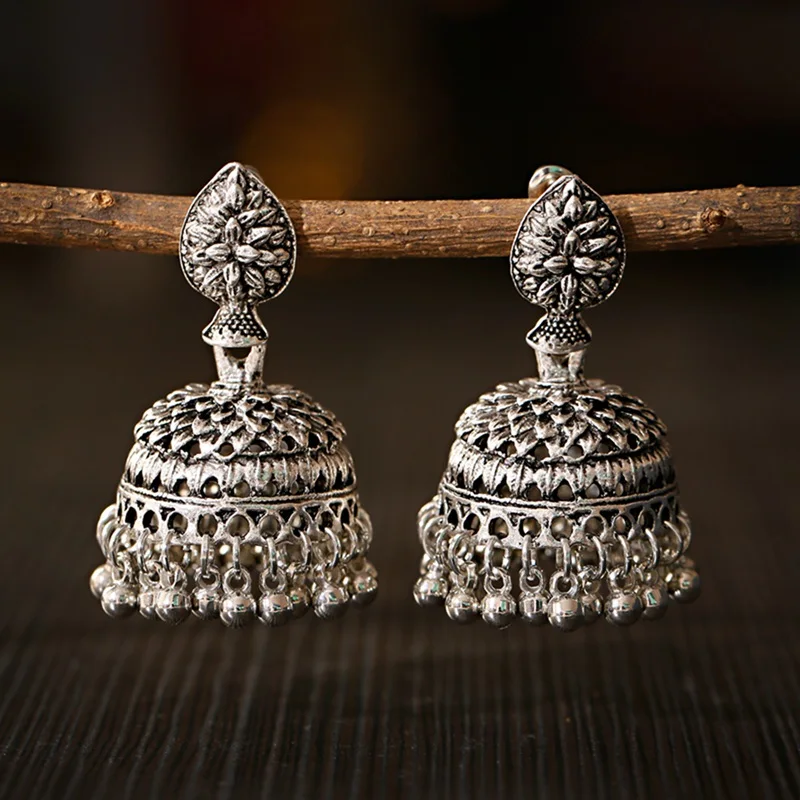 Antique Tassel Esculpido Brincos Gota de Água para Mulheres, Jhumka Indiano, Acessório Jóias Indiano, Borla Triangular