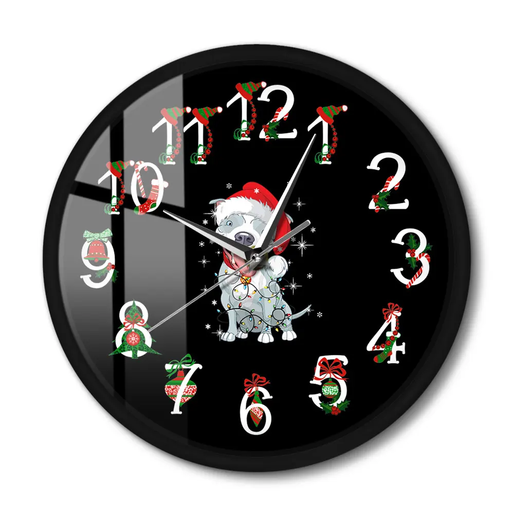 Holiday Popular Dog Breed Pitmas Wall Clock with LED illumination Merry Christmas Voice Control Watch Dog Lover Gift