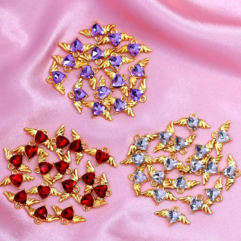 10 pz/set cuore di cristallo Charms oro argento colore ali pendente per i risultati dei monili che fanno DIY orecchini collane accessori