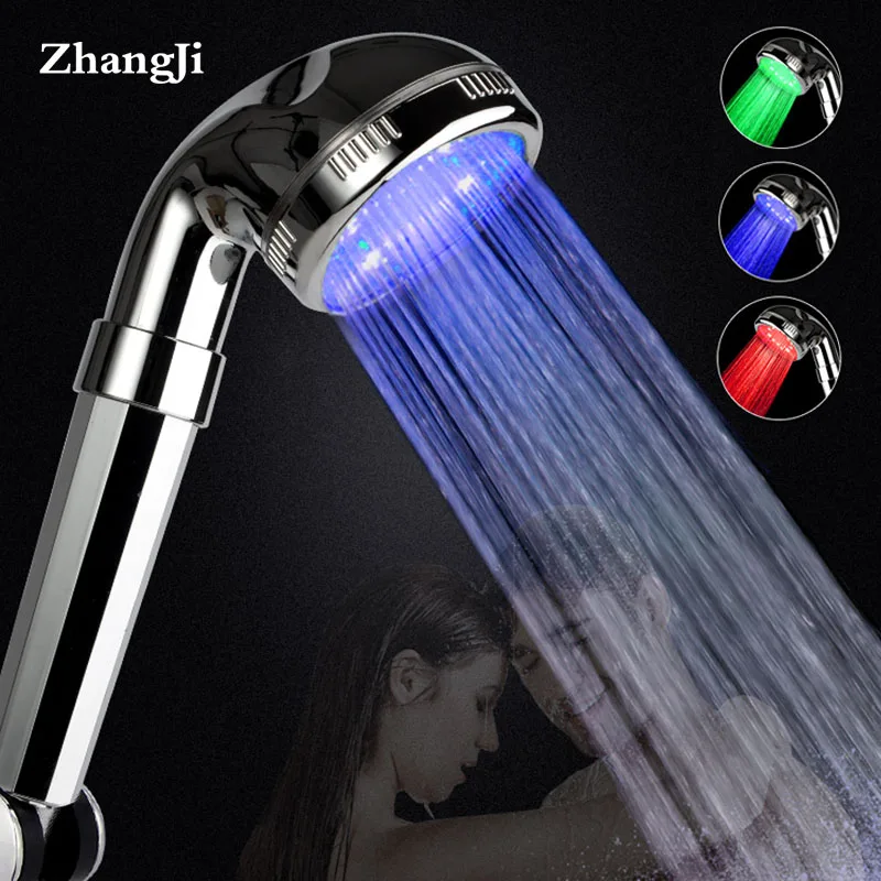 ZhangJi 3-Color LED Shower Head Temperature Sensor Multi-layer Electroplate PC Panel Strong Spray Bathroom Sprinkler Shower Head