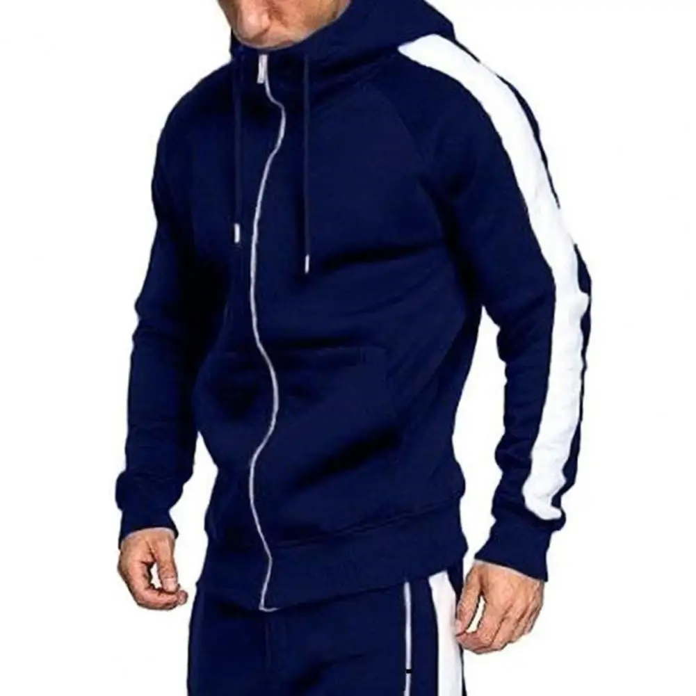 2 Pcs/Set Men Tracksuits Contrast Colors Hooded Drawstring Casual Sports Sets for Daily Wear