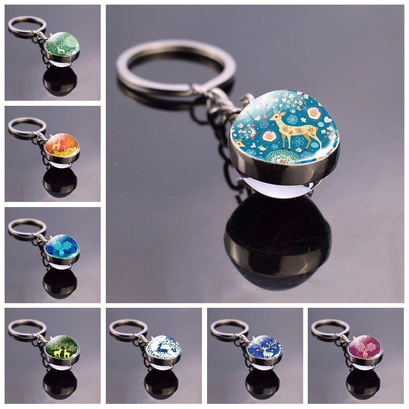 Christmas Deer Keychain Elk Art Glass Ball Key Chain Bag Pendant Purple Charms Boy Girls Christmas Gift