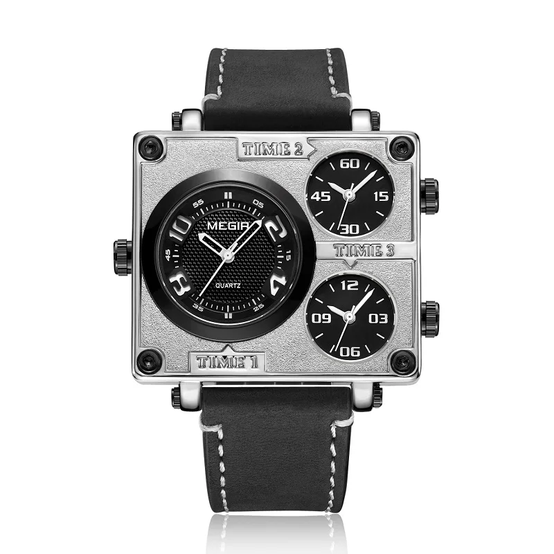 

MEGIR 2019 Square Dial Quartz Watches Men Luxury Top Brand Relogios Masculinos Multi Time Zones Sport Wristwatch Man 2069 Silver