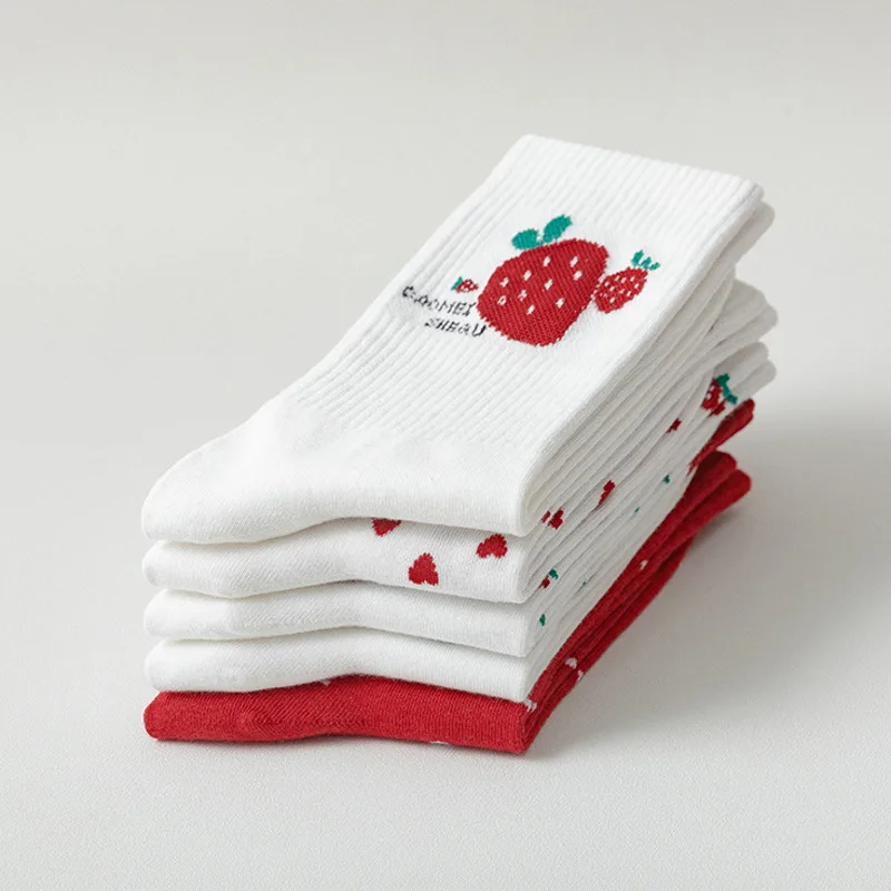 Women's White And Red Strawberry Funny Happy Short Socks Women Harajuku Korean Fashion Street Style Kawaii Streetwear