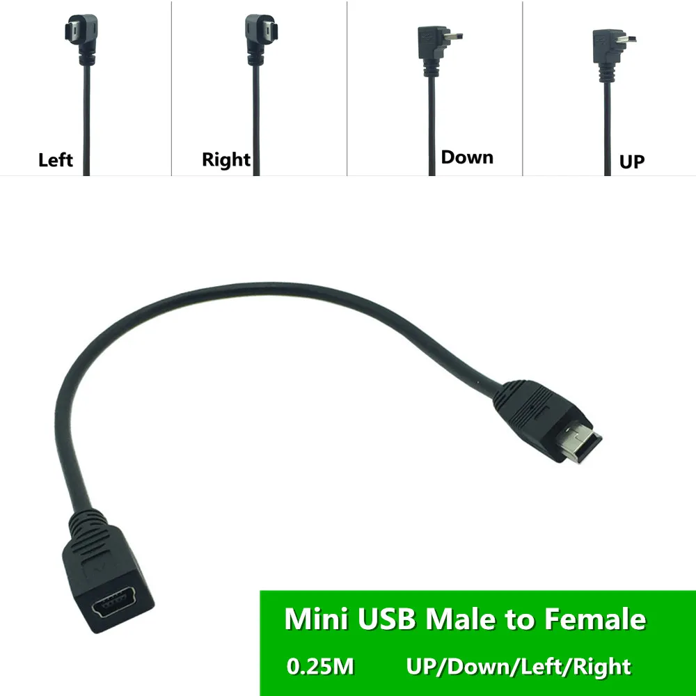 Mini USB Extension Cable 5Pin Male Plug to Female Jack Data Adapter Lead Cable UP/Down/Left/ Right Angle 90 Degree Cord 25cm