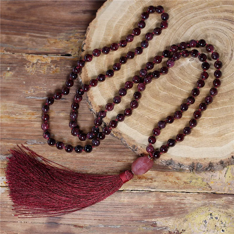 Women Beads Necklace 8MM Natural Stone Garnets Red Tassel Necklace New Boho Lariat Mala Yoga Necklace Fine Jewelry Dropshipping