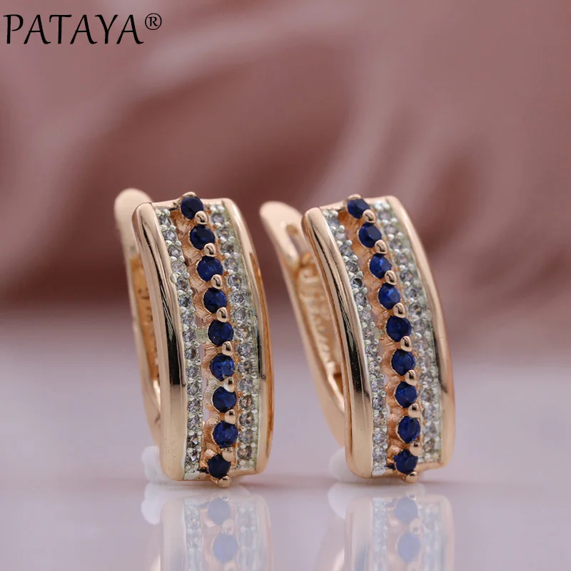 PATAYA New Square Blue Single Row Natural Zircon Unique Earrings 585 Rose Gold Color Drop Earrings Women Wedding Fashion Jewelry