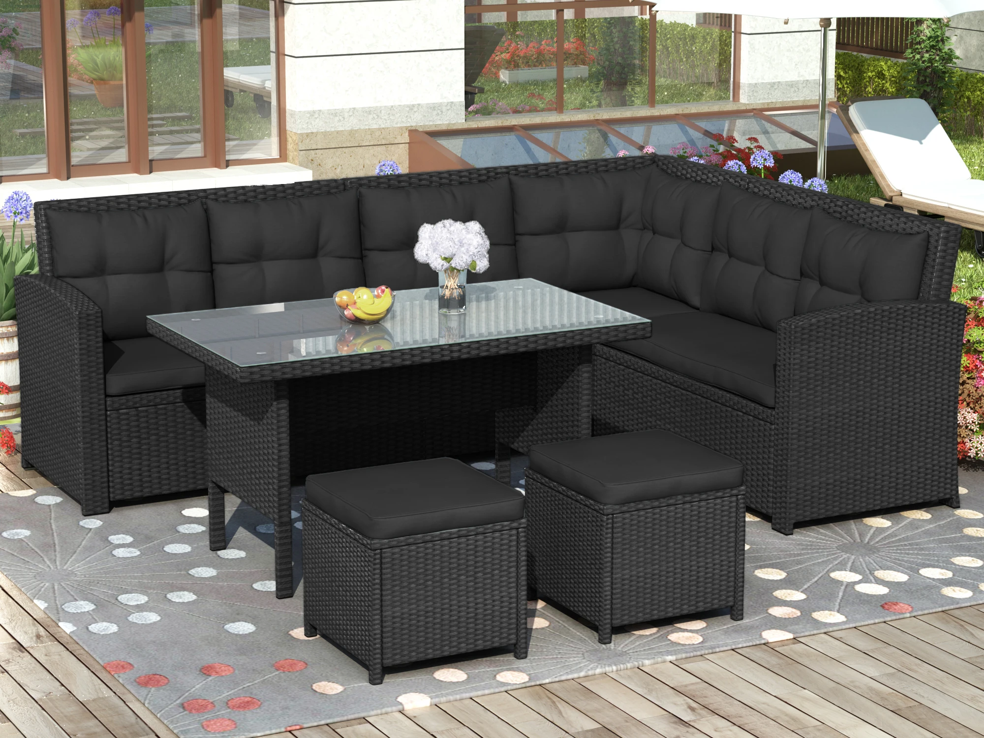 6-Piece Patio Furniture Set Outdoor Sectional Sofa with Glass Table Ottomans for Pool Backyard Lawn Gray/Black[US-Stock]