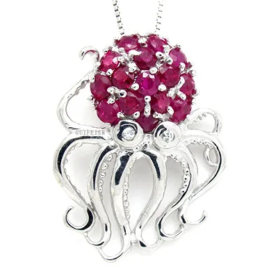 Fashion Sterling Silver Octopus Pendant 2mm Natural Ruby Silver Pendant 925 Silver Ruby Necklace Pendant Gift for Woman