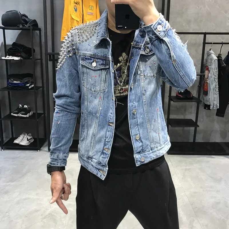 

Quality High Rivet Lapel Hole Ripped Male Denim Jackets Fashion Punk Style Single Breasted Slim Mens Outwear Coats Plus Size