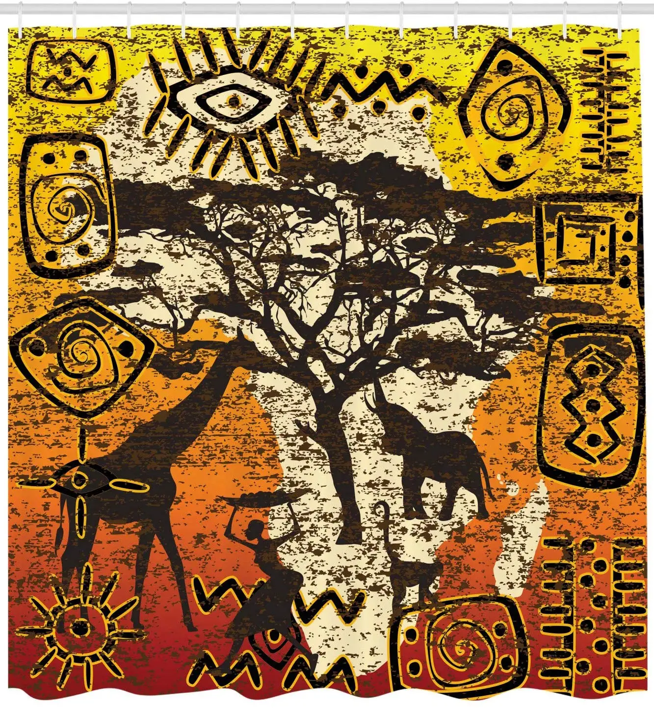 African Animals in Safari Theme Ancient Cultral Ethnic Art Grunge Style Bohemian House Decor Shower Curtain