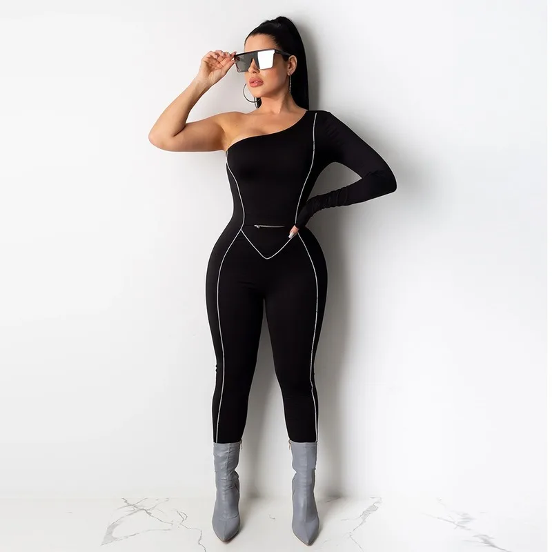2021 Fitness One Shoulder Rompers Women Jumpsuit Autumn Bodycon Playsuits for Female Long Sleeve One Piece Overalls Tracksuits