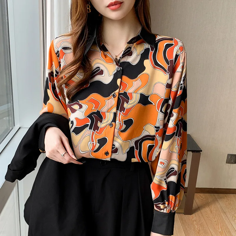 

Floral Satin Silk Shirt for Women, Long Sleeve, Printed Temperament Bottomed Shirt, High-end Floral, Elegant Top, Spring Season,