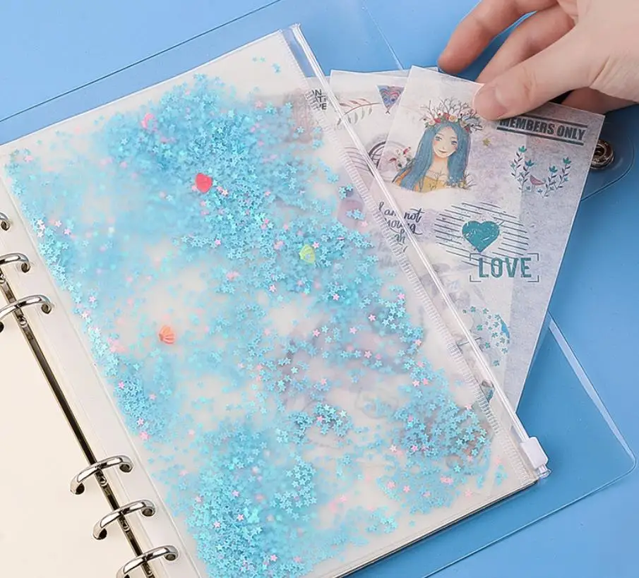 A5/A6 6 Holes Binder Pockets Plastic Zipper Envelopes Pouch For 6-Ring Notebook Built-in Glitter Flakes Stars Decoration