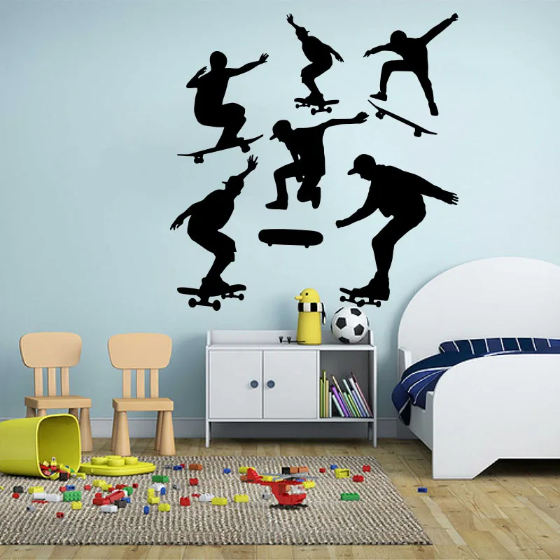 Set of 6 Skateboarding Stunt Sport Wall Sticker Boy Kids Room Bedroom Skating Board Extreme Wall Decal Playroom Vinyl Decor P374