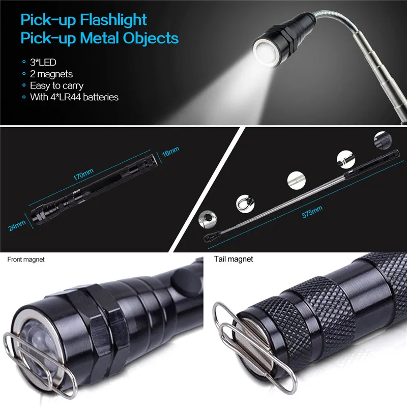 Portable flashlight Flexible Head Flashlight Torch with a magnet Telescopic Flexible 3 LED lamp Pick Up Tool Lamp Light