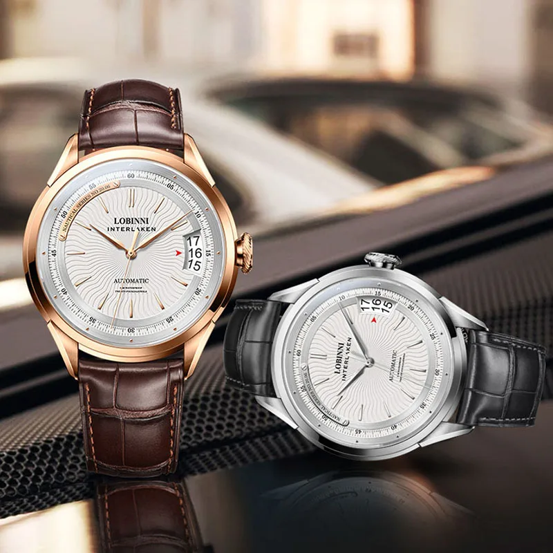 LOBINNI ساعة رجالية فاخرة الياقوت 50 متر مقاوم للماء ساعات آلية أوتوماتيكية احتياطي الطاقة 80 ساعة ساعة يد عالية الجودة