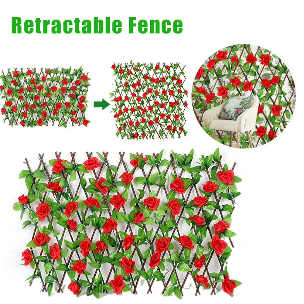 Wooden Hedge with Artificial Flowers Leaves Garden Decoration Screening Expanding Trellis Privacy Screen  Retractable Fence