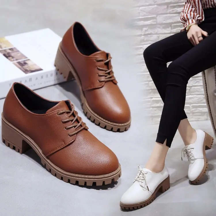 Round Toe Leather Square Heel Lace-Up Mary Janes Platform Pumps Women Shoes 2022 Summer Shoes Woman British Wind Student Shoes