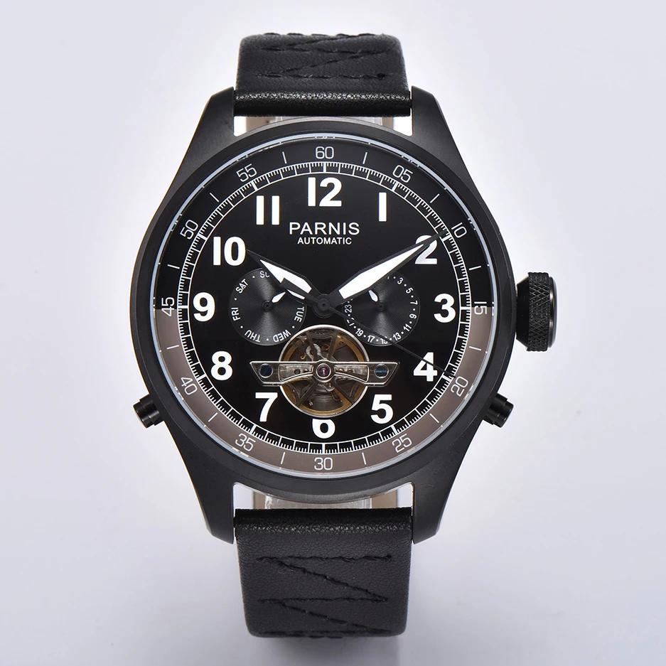 

Parnis New 48mm Black Big Dial Men Watch Automatic Mechanical Black Strap Calendar Week Display Mens Watches