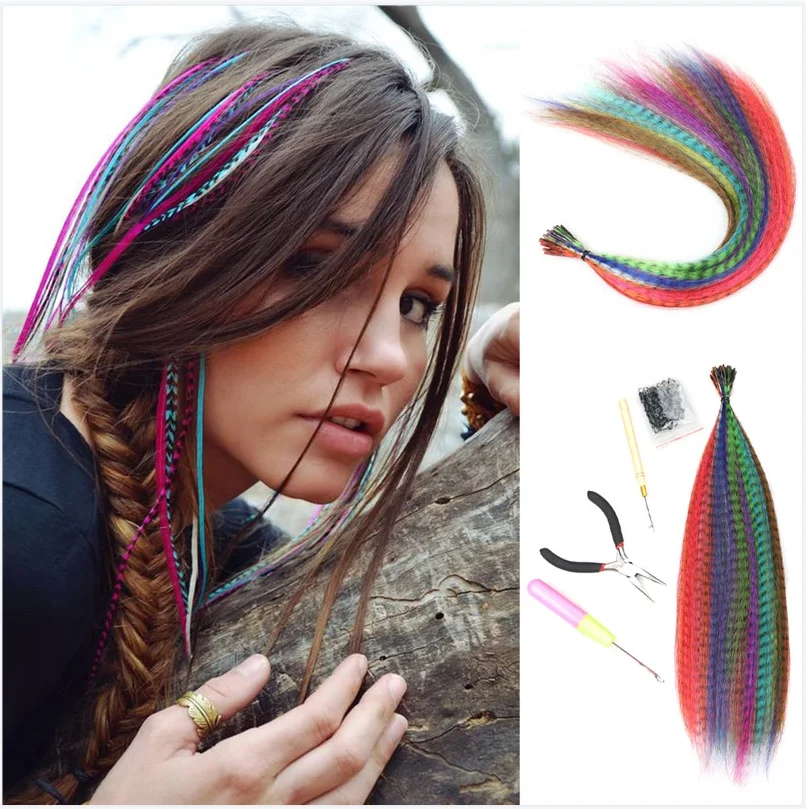 20/35/50 Strands Suit Colored Strands Of Hair Extension False Rainbow Overhead Fake Coloring Feather For Hair Synthetic