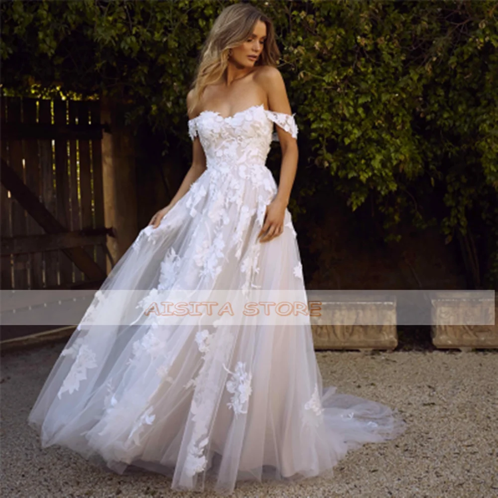 Boho Sexy Off the Shoulder Cheap Wedding Dresses A Line Lace Appliques Backless Bridal Gown Vestido De Noiva Wedding Gown