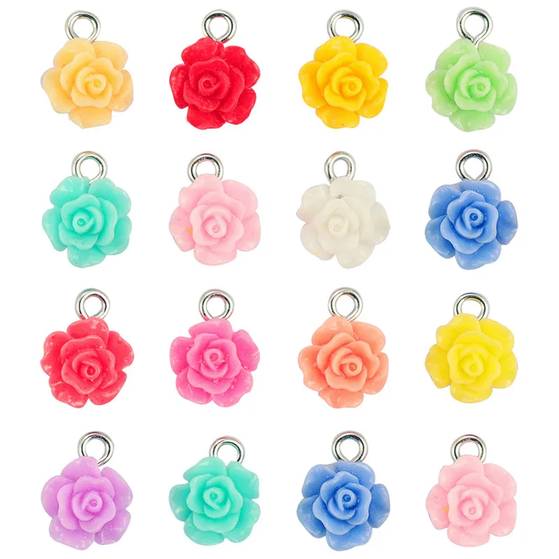 50pcs/lot Mixed Color Resin Rose Flower Charms Pendants DIY Bracelet Keychain For Jewelry Making Accessories Gift