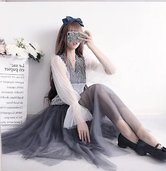 Mesh stitching puff-sleeved V-neck baby shirt long-sleeved shirt Puff skirt suit victorian dress kawaii girl gothic lolita girl