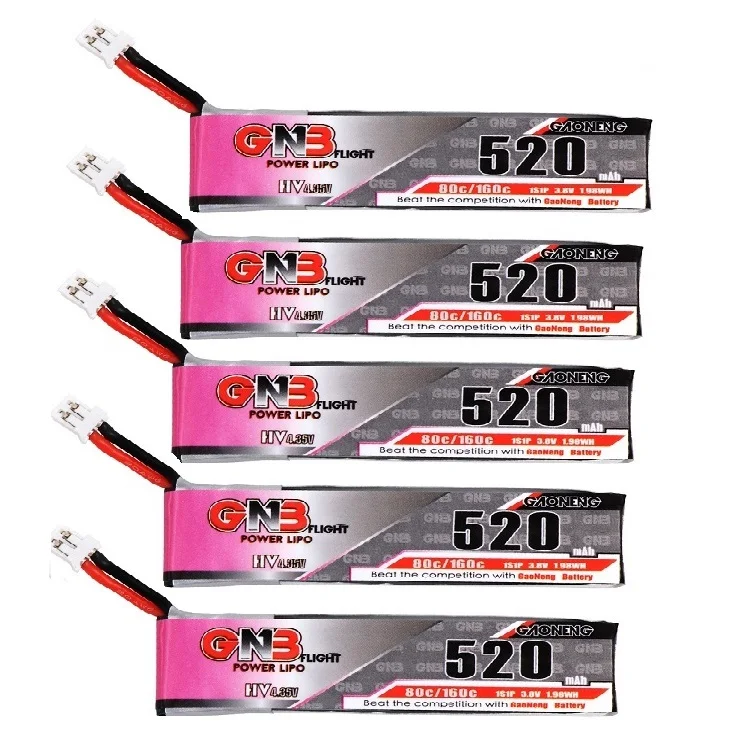 

Gaoneng GNB newest 5PCS FPV Batteries 1S 3.8v 260MAH/380MAH/450MAH/520MAH/550mAh PH2.0 Plug Lipo Battery For RC drone