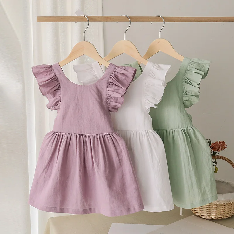 2024 Summer New Fresh And Cute Cotton And Linen Princess Dresses Girl Solid Color Ruffled Sleeveless Dress TZ47