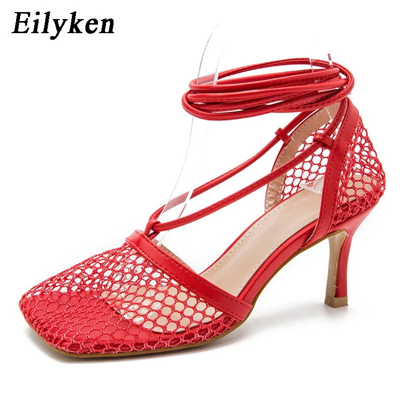 Eilyken Mode Hohl Atmungsaktive Mesh Karree Stiletto High Heels Frauen Pumpen Ankle Lace-Up Elegante Kleid Damen Schuhe