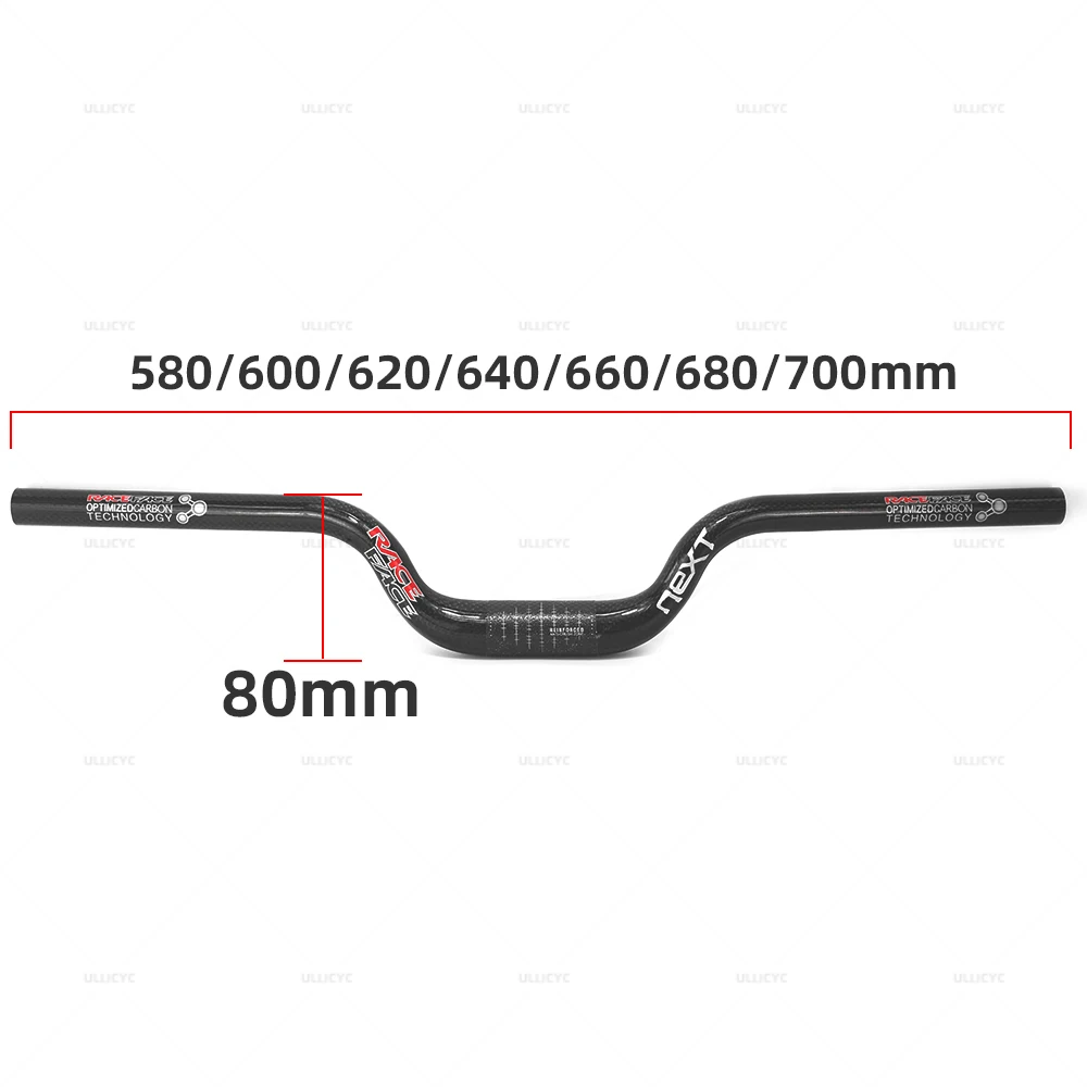 NEXT Race Face Carbon Riser Handlebar for MTB and BMX, Gloss Handlebar, 31.8mm, 25.4mm Diameter, 560mm to 700mm Diameter