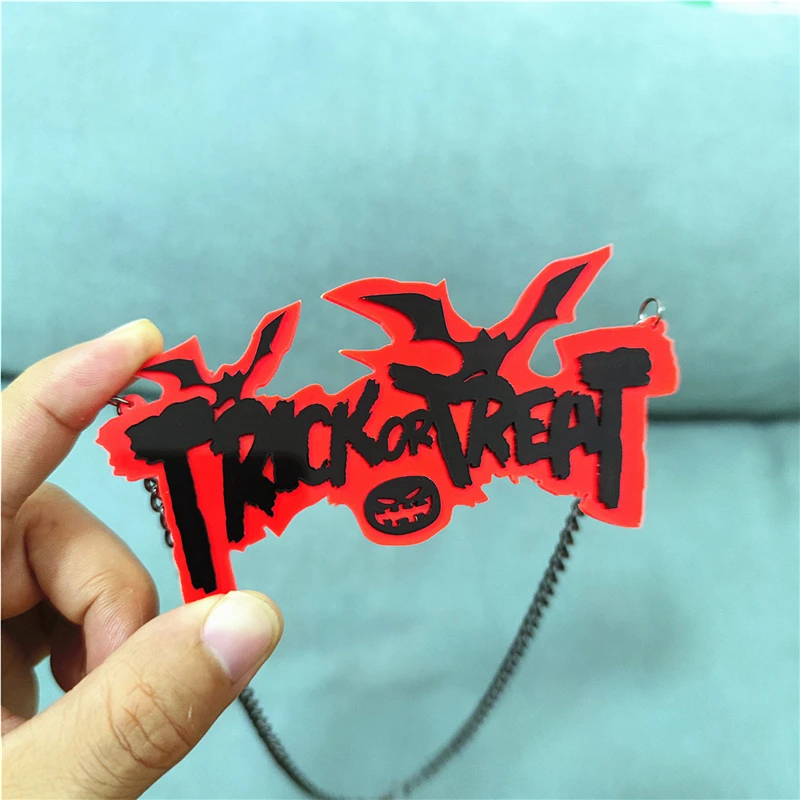 KUGUYS Halloween TRICK OR TREAT Bat Pumpkin Head Pendant Necklace for Women Men Orange Acrylic Jewelry Letters Black Chian