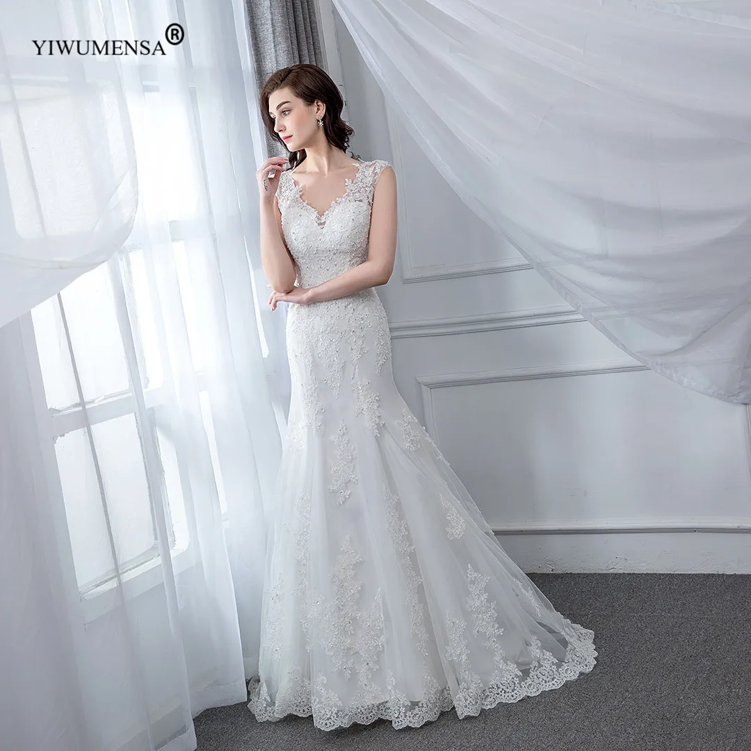 A89 Factory Custom Made Robe De Princesse Femme V Neck Wedding Dress Boho Cap Sleeves Vintage Bridal Gown Mermaid Dresses 2020