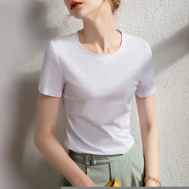 Women Cotton T-shirt O-neck Short Sleeve Solid color All match Lady Top for Summer spring women Casual Shirt