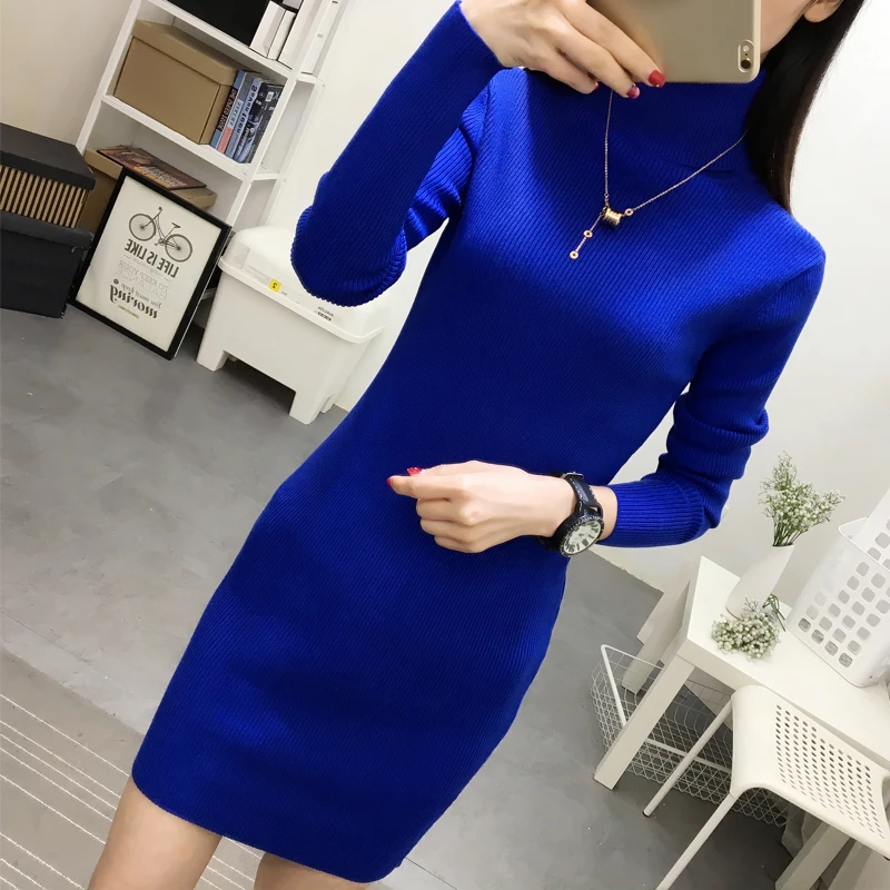 

Sexy Elasticity knitted Sweater Dress Women Autumn Winter Slim Tight Turtleneck Warm Pullover Sweaters Solid Bag hip Base Dress