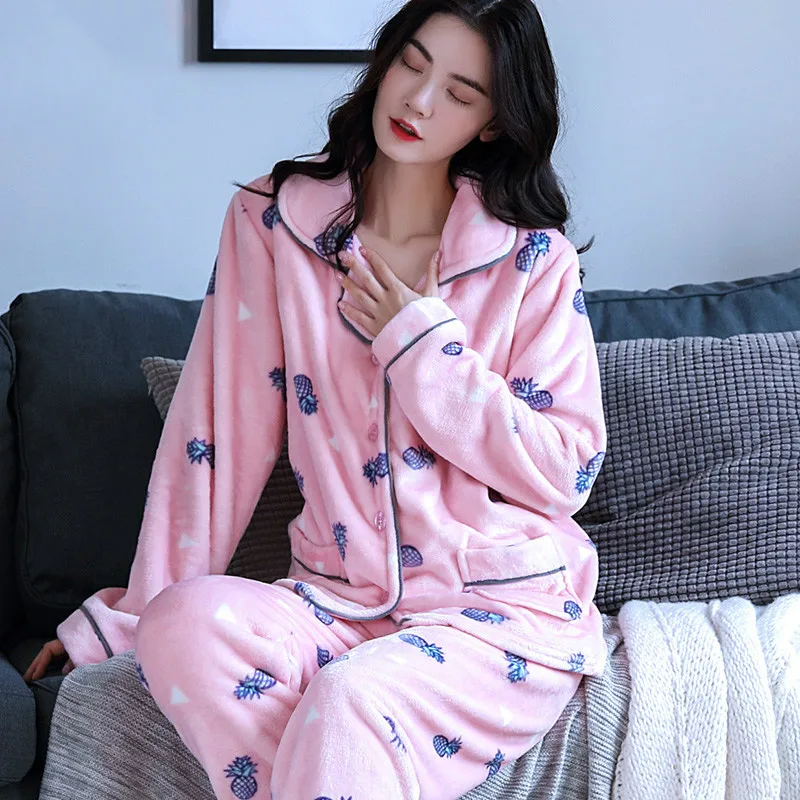 

H5830 Women Pajamas Suit Thickened Autumn Winter Plus Velvet Sleepwear Set Mother Flannel Pineapple Printed Winter Home Wear