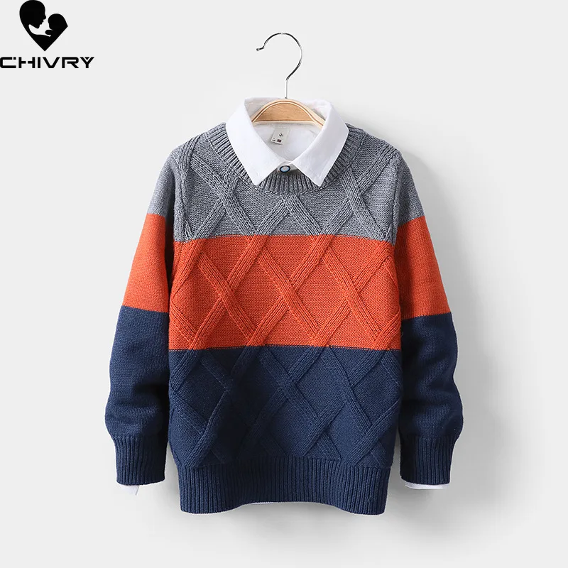 

New Kids Fashion Pullover Knitted Sweater Autumn Winter Boys Patchwork O-neck Jumper Sweaters Tops Children Clothing for 3-8T