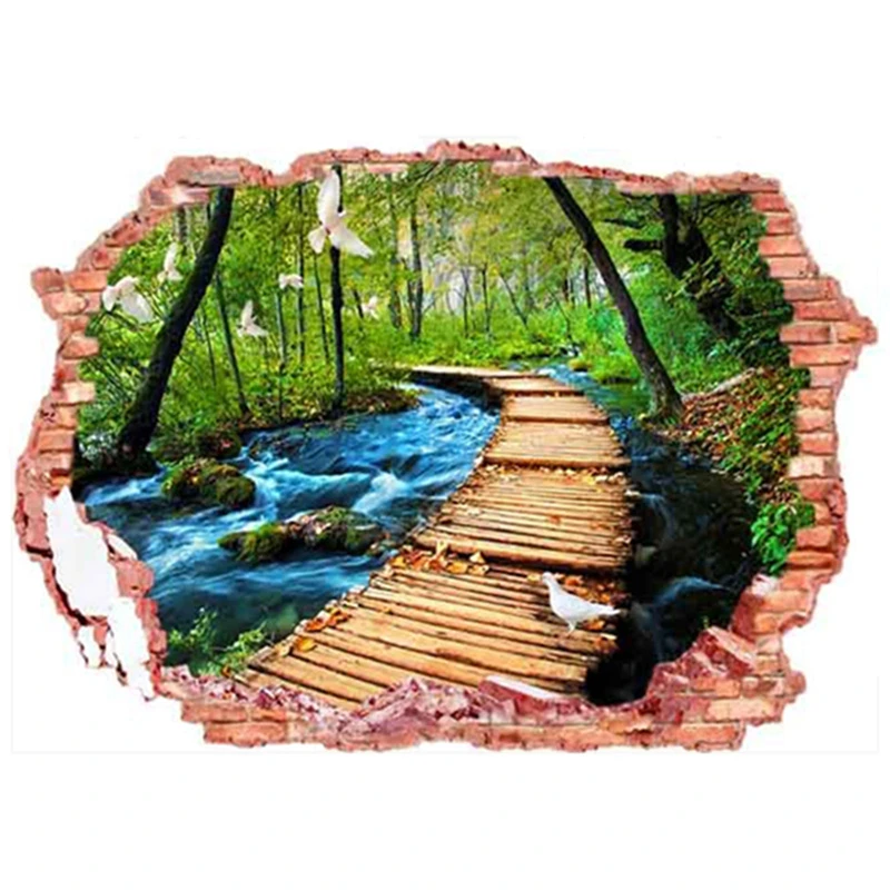 Forest Park View Mural Wooden Bridge Clear Water Vinyl 3D Broken Wall Mural Stickers Home Decorations Scenery Poster Wallpaper