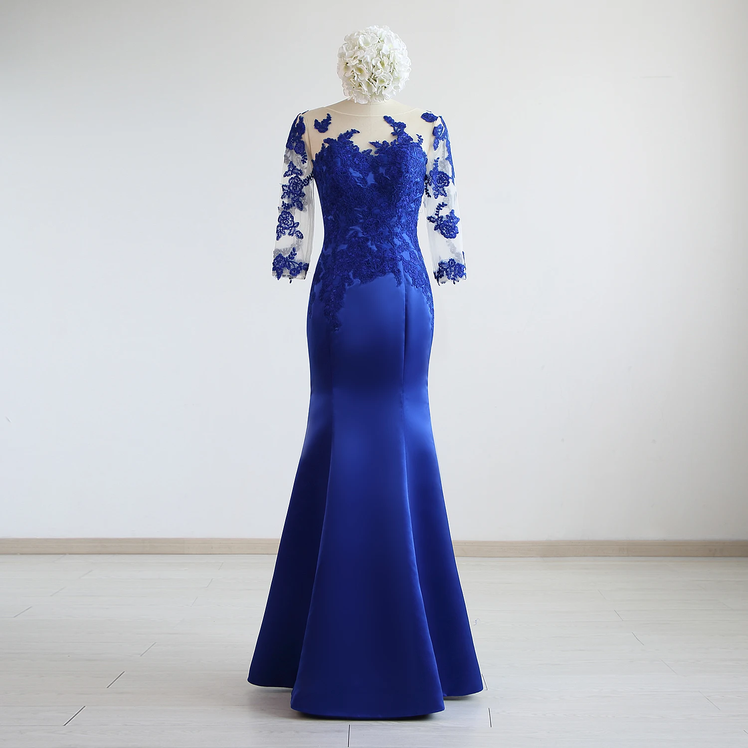 Royal Blue Satin Lace  3/4 Sleeves Floor-Length Mermaid/Trumpet Mother Of The Bride Dresses Custom Made